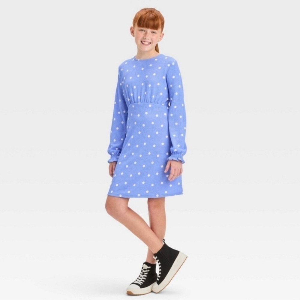 New! Girls' Long Sleeve Textured Woven Dress - art class Blue XL